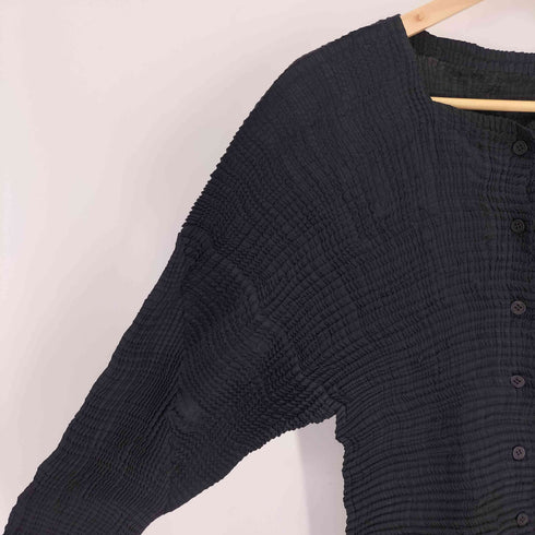 イッセイミヤケ ISSEY MIYAKE 90S 91SS 銀タグ ノーカラー プリーツ サイドスリット カーディガン レディース JPN:2